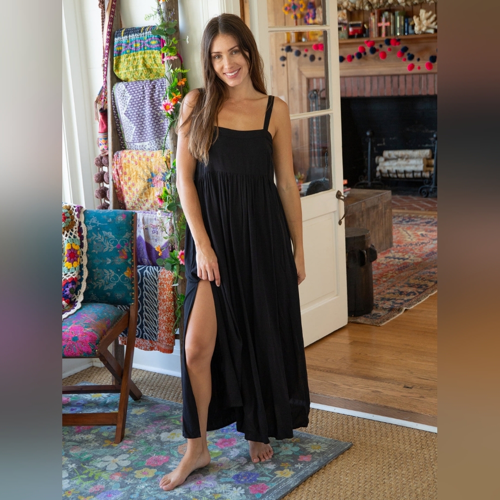 Natural Life Patti Side-Slit Maxi Dress Black - Boho Chic Size Medium